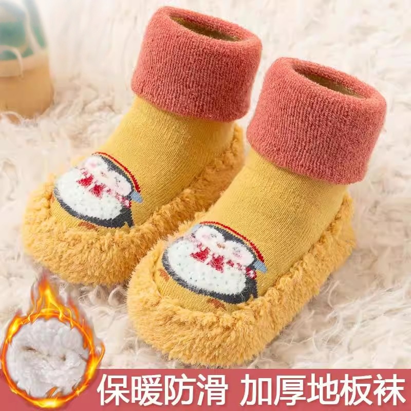 宝宝学步鞋袜秋冬儿童袜子加厚加绒防滑底婴儿地板袜中筒地板鞋袜