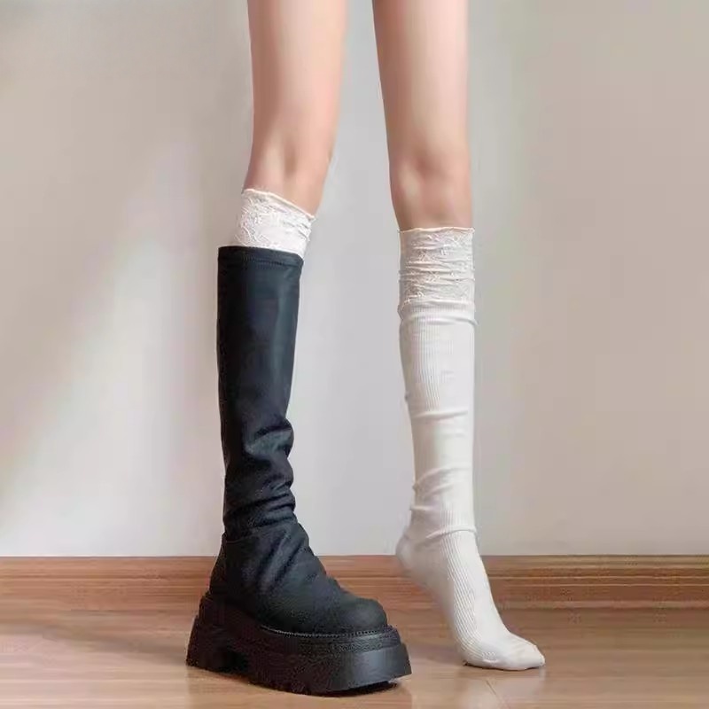 花边过膝袜子配长筒靴日系白色高筒堆堆袜女秋冬保暖纯棉jk小腿袜