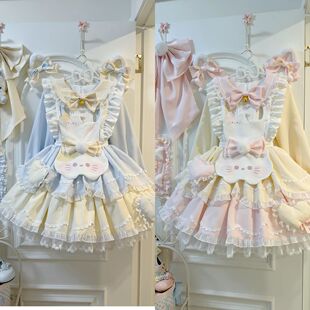 甜美可爱长袖Lolita洛丽塔蕾丝蓬蓬连衣裙蝴蝶结小猫围裙两件套女