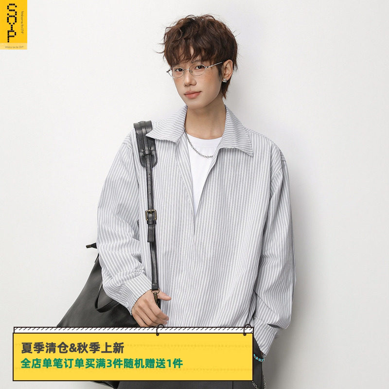 日系春条纹深V假两件宽松衬衫男图片