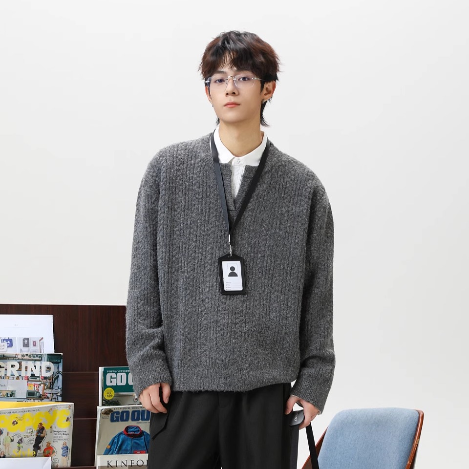 SYP日系不系男生秋冬立体绞花肌理复古宽松重磅小v领毛衣针织衫