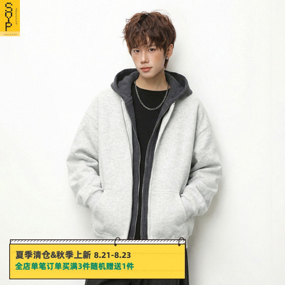 SYP日系撞色假两件连帽卫衣男