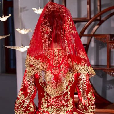 中国风婚礼结婚红色盖头新娘半透明头纱秀禾服喜帕中式复古蒙头巾