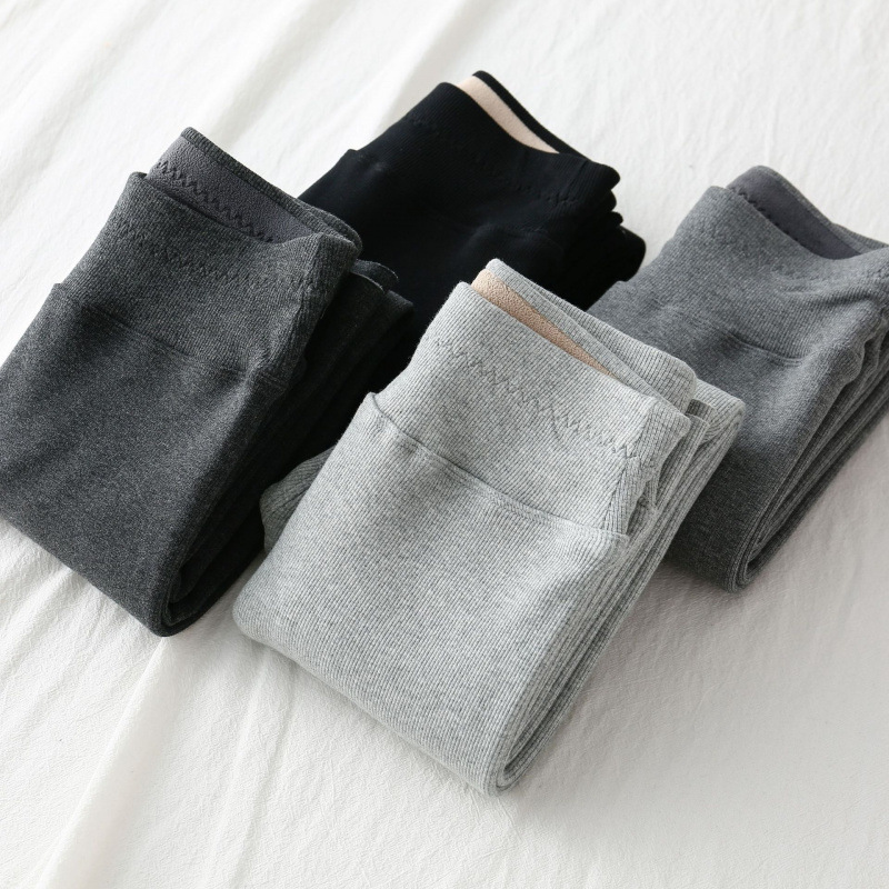 冬季加绒加厚保暖棉质竖条纹一线裆外穿九分打底裤子女简约百搭