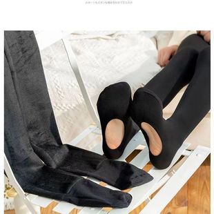 加绒打底裤女秋冬款洗脚足浴脚底开洞连裤袜挖洞懒人丝袜免脱加厚