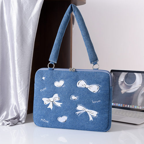 牛仔蓝笔记本电脑包单肩14寸女