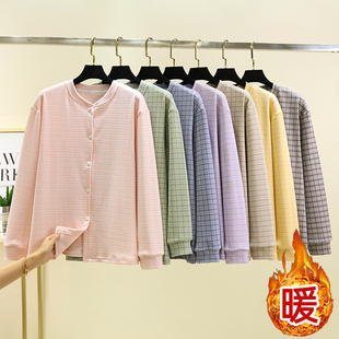 睡衣上装 上衣加厚大码 女冬加绒保暖长袖 双面德绒格子单排扣开衫