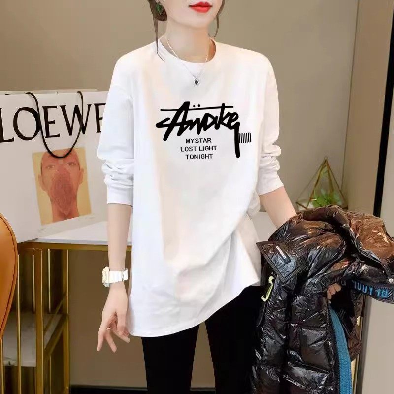 纯棉长袖T恤女中长款遮屁股上衣早秋新款宽松显瘦内搭白色打底衫