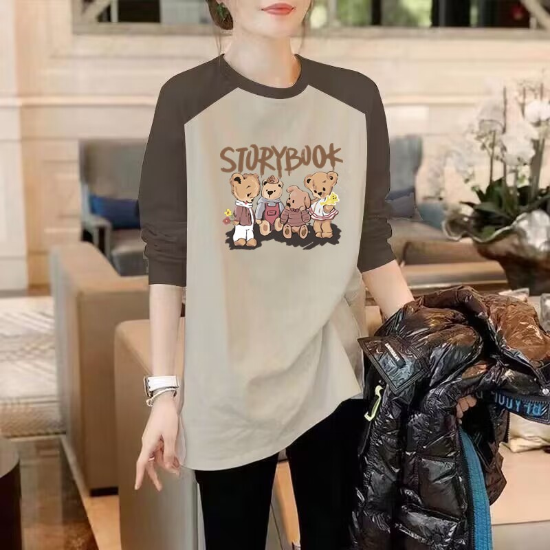 长袖T恤女纯棉春秋冬新款中长款宽松显瘦百搭圆领插肩上衣打底衫