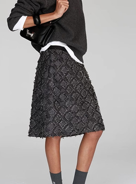 ECHOADE时髦精致 剪花流苏工艺 格纹肌理视觉层次感松紧腰半身裙