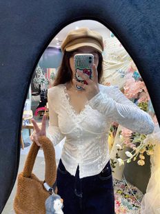 三吉【花下眠】蕾丝绒打底衫女2024新秋冬内搭可外穿长袖上衣