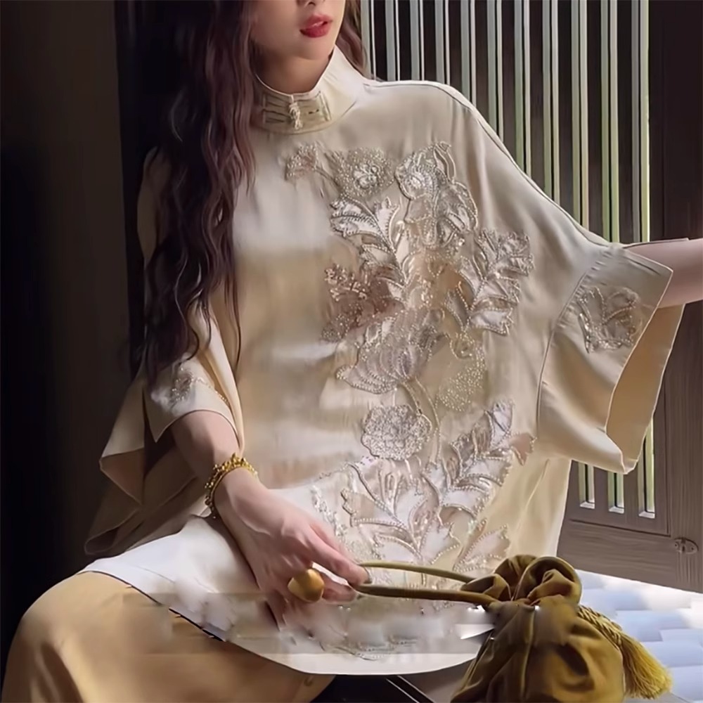 三吉【莲生】新中式国风上衣珠管绣中袖T恤女2025新款大袍子
