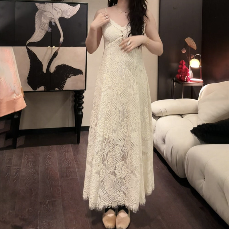 三吉【天仙子】国风新中式重工提花蕾丝连衣裙子流行吊带长裙