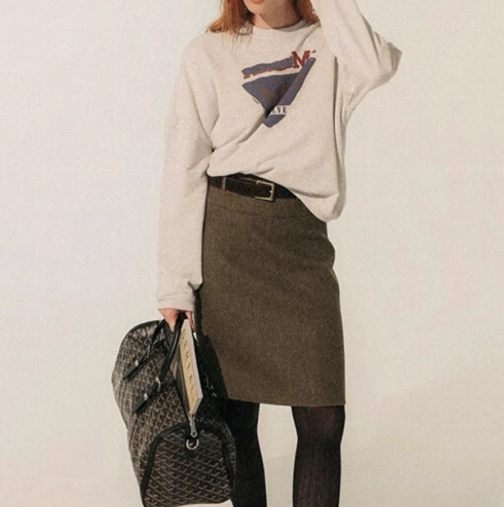 ROOMA 老钱感浅麻灰色复古印花卫衣