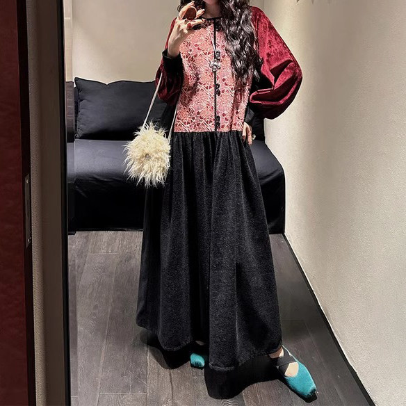 三吉【松鹤】国风新中式拼接连衣裙子女秋冬季过年战袍长裙潮
