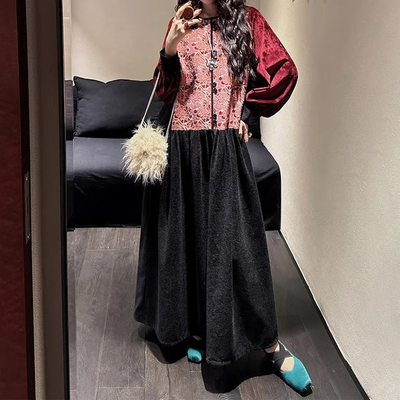 三吉【松鹤】国风新中式拼接连衣裙子女秋冬季过年战袍长裙潮