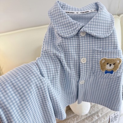 德绒格子翻领儿童家居服男女孩秋冬宝宝加厚长袖双面磨毛睡衣套装