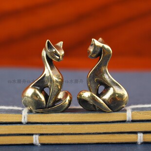 实心纯黄铜小猫咪几何卡通情侣猫线条工艺品桌面装 饰摆件造微景观