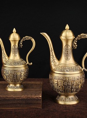 纯黄铜百福酒壶摆件大号高款浮雕