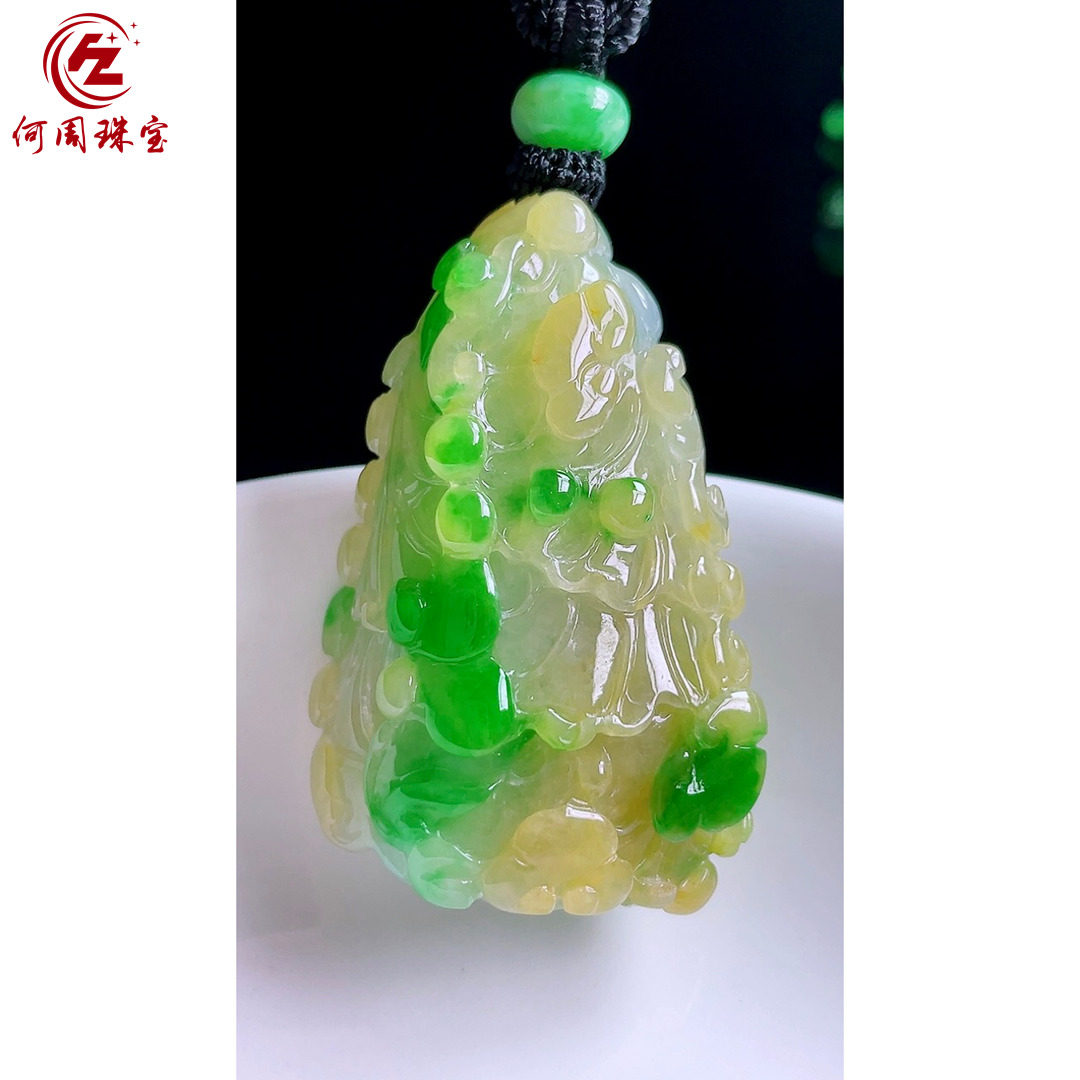 何周珠宝 缅甸天然A货翡翠玉石孤品 老坑冰种三彩黄加绿白菜吊坠