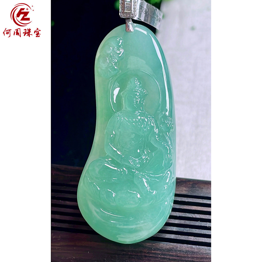 何周珠宝 缅甸天然A货玉石翡翠 18k金镶嵌冰种晴绿大势至菩萨吊坠