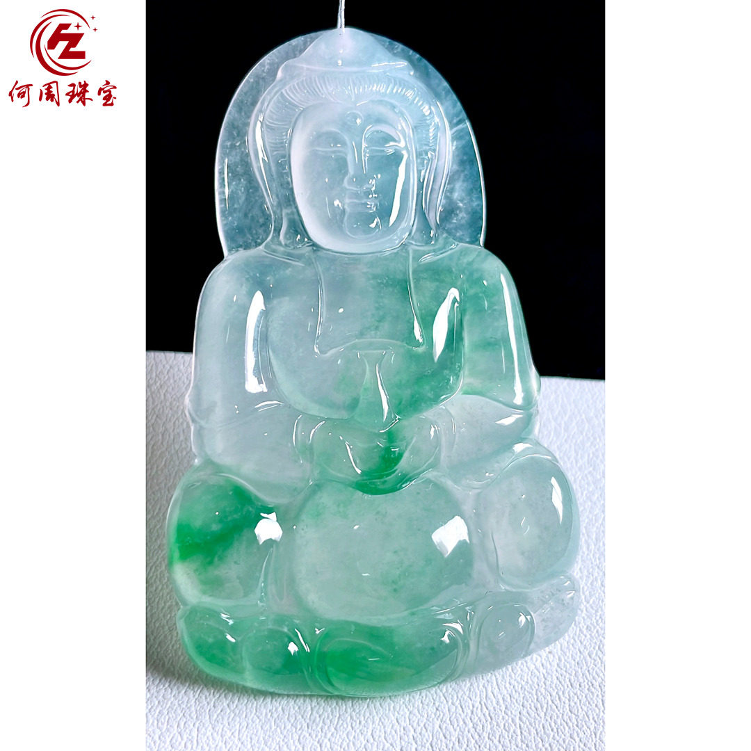 何周珠宝 缅甸天然A货翡翠玉石孤品 老坑高冰种飘绿正装观音吊坠