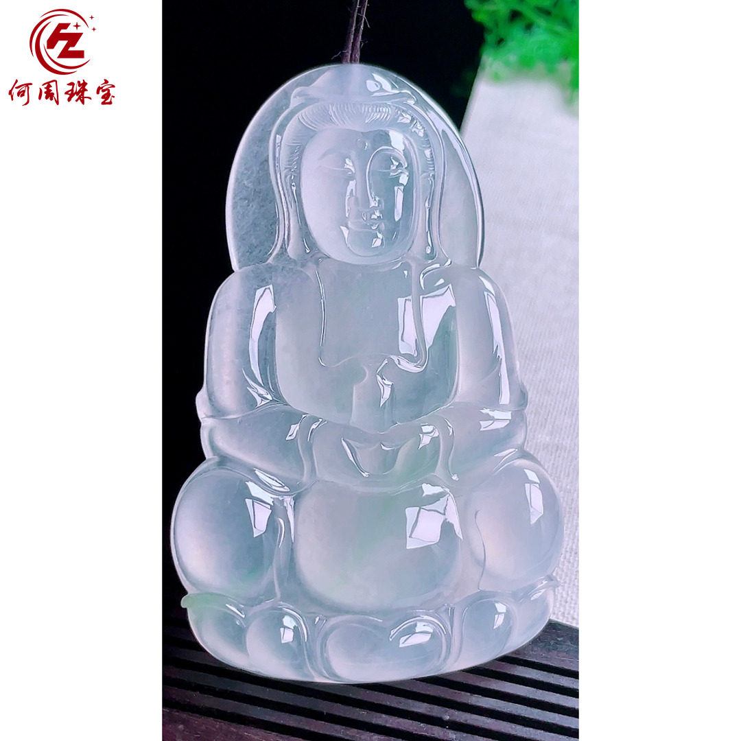 何周珠宝 缅甸天然A货翡翠孤品 老坑玻璃种飘绿大正装观音吊坠
