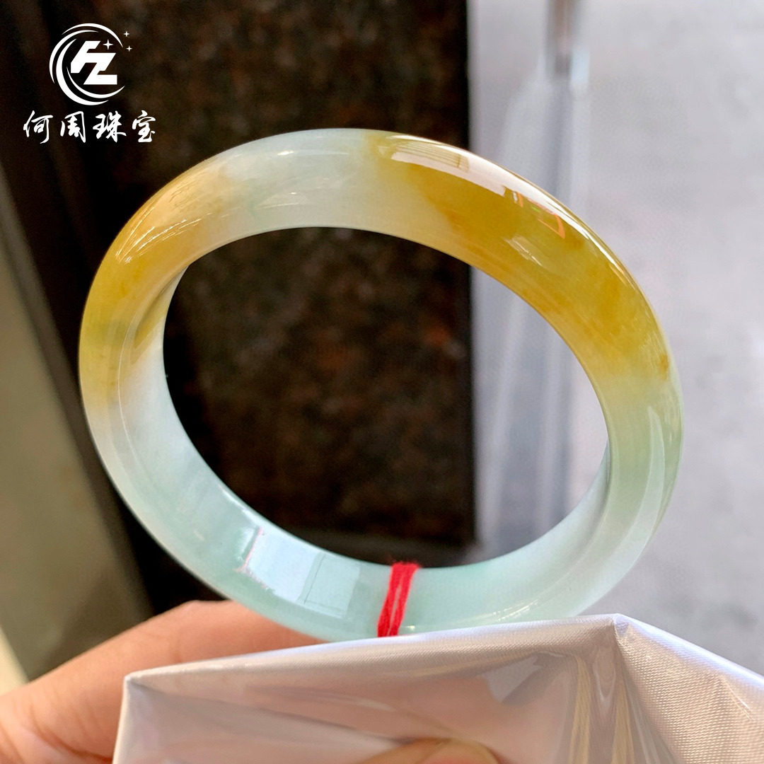 何周珠宝 缅甸天然A货玉石翡翠 老坑冰种黄翡正装手镯61-62圈口