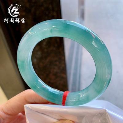 何周珠宝 缅甸天然A货翡翠 老坑冰种蓝底飘花圆条手镯54-55圈口
