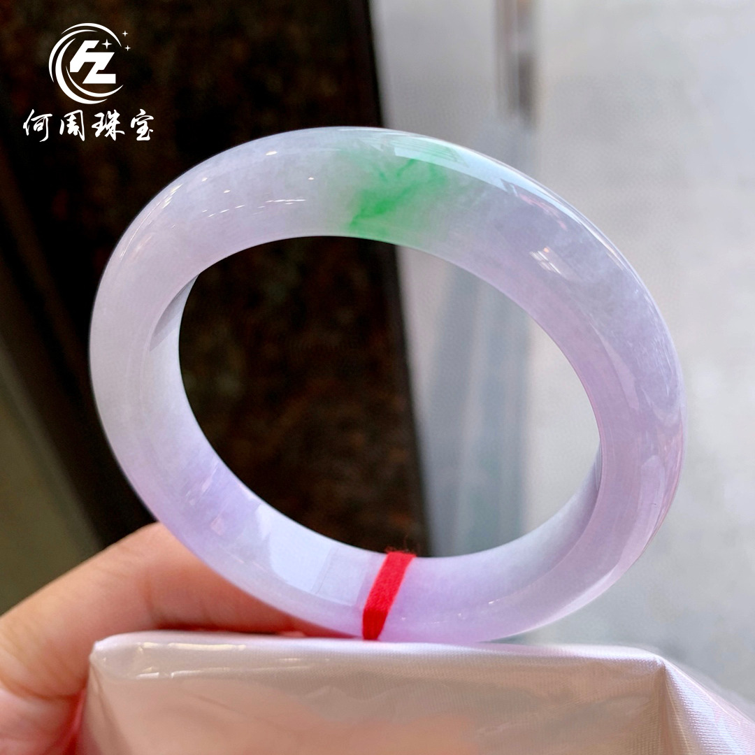 何周珠宝 缅甸天然A货翡翠 老坑冰种春彩紫罗兰正装手镯54-55圈口