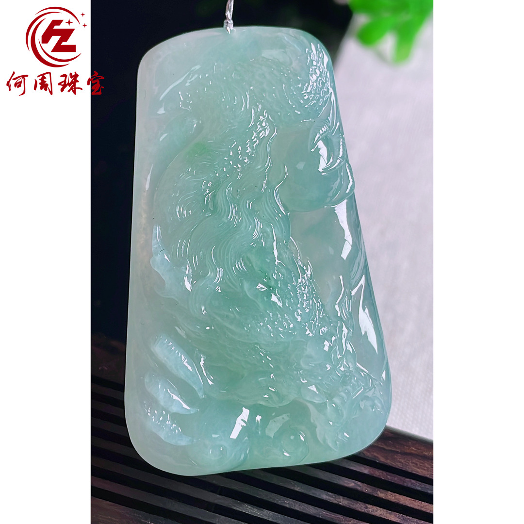 何周珠宝 缅甸天然A货翡翠玉石孤品 老坑冰种晴绿龙牌吊坠挂件