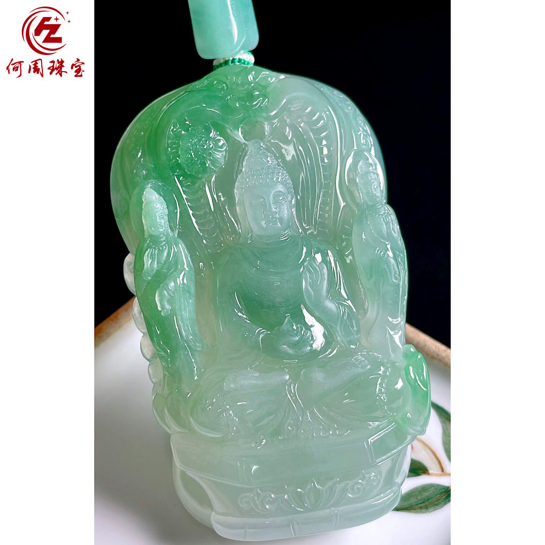 何周珠宝 缅甸天然A货翡翠玉石孤品 老坑冰种晴绿西方三圣吊坠