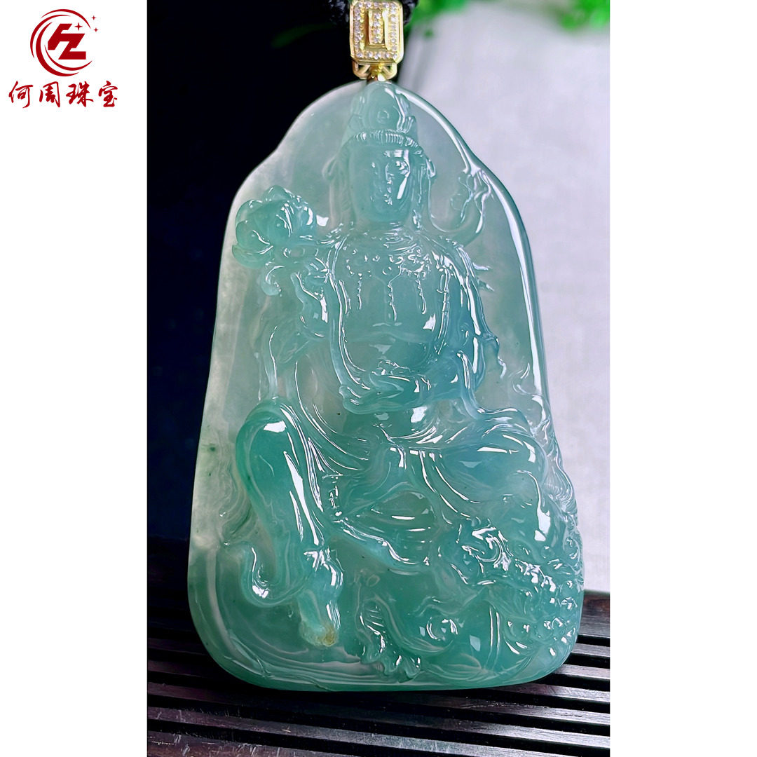 何周珠宝 缅甸天然A货玉石翡翠 18k金镶嵌冰种天空蓝文殊菩萨吊坠