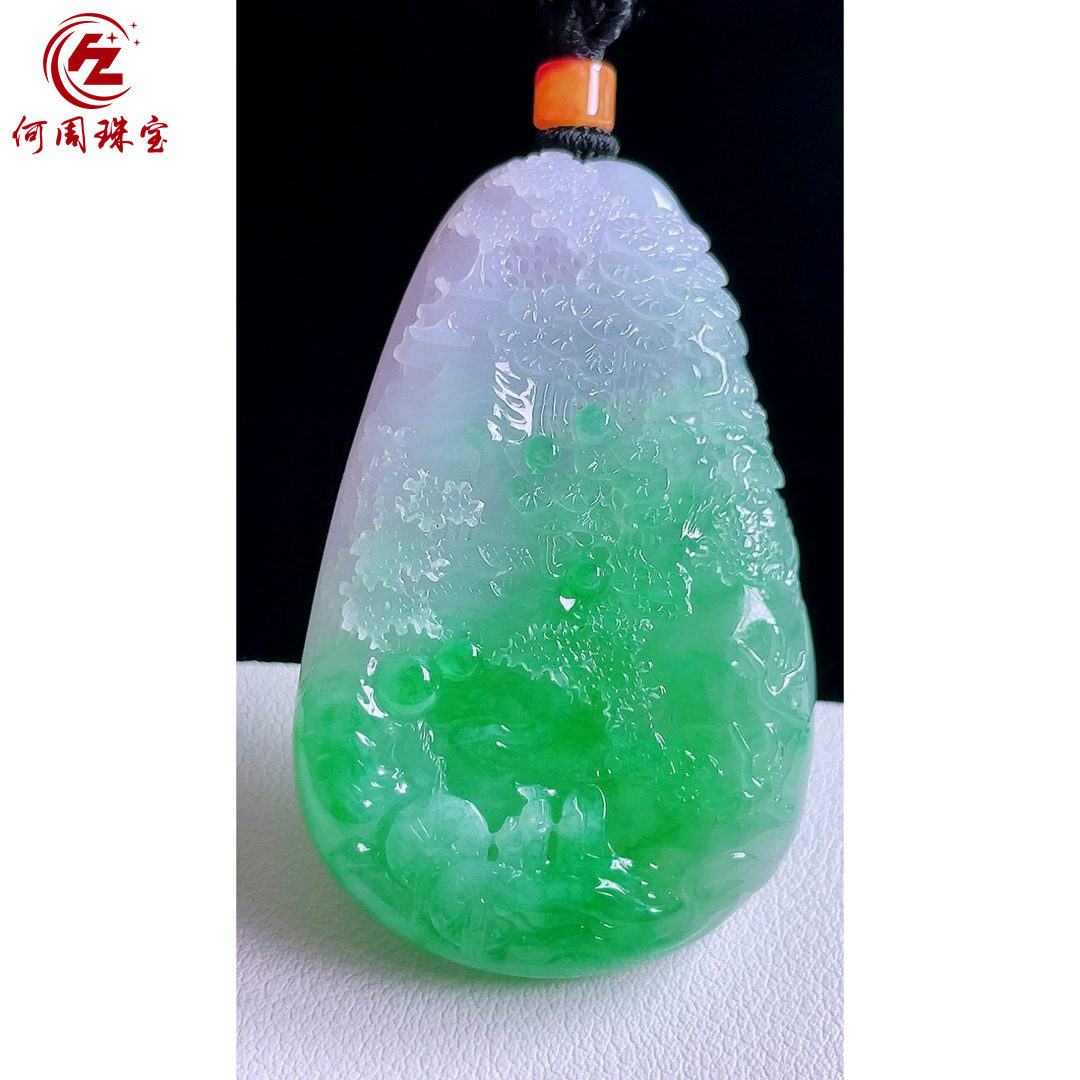 何周珠宝 缅甸天然A货翡翠玉石孤品 老坑冰种春带彩山水牌吊坠