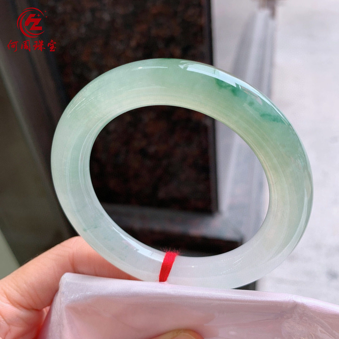 何周珠宝 缅甸天然A货翡翠 老坑冰种黄翡飘花圆条手镯55-56圈口