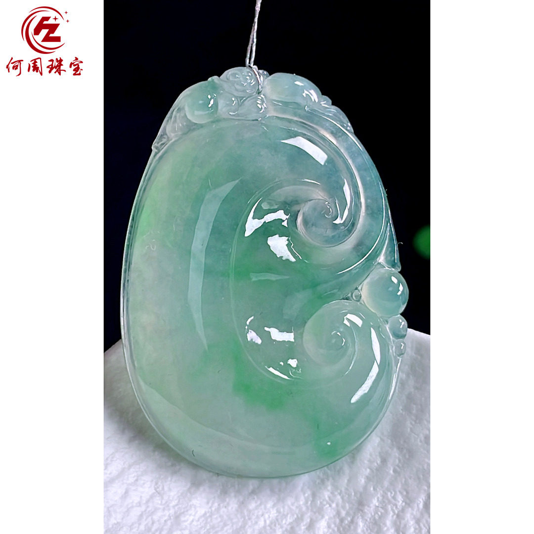 何周珠宝 缅甸天然A货翡翠玉石孤品 老坑冰种晴绿如意挂件吊坠
