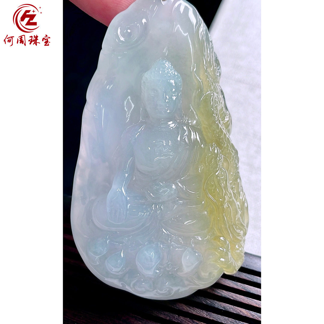 何周珠宝 缅甸天然A货翡翠孤品 老坑冰种黄翡御龙阿弥陀佛吊坠