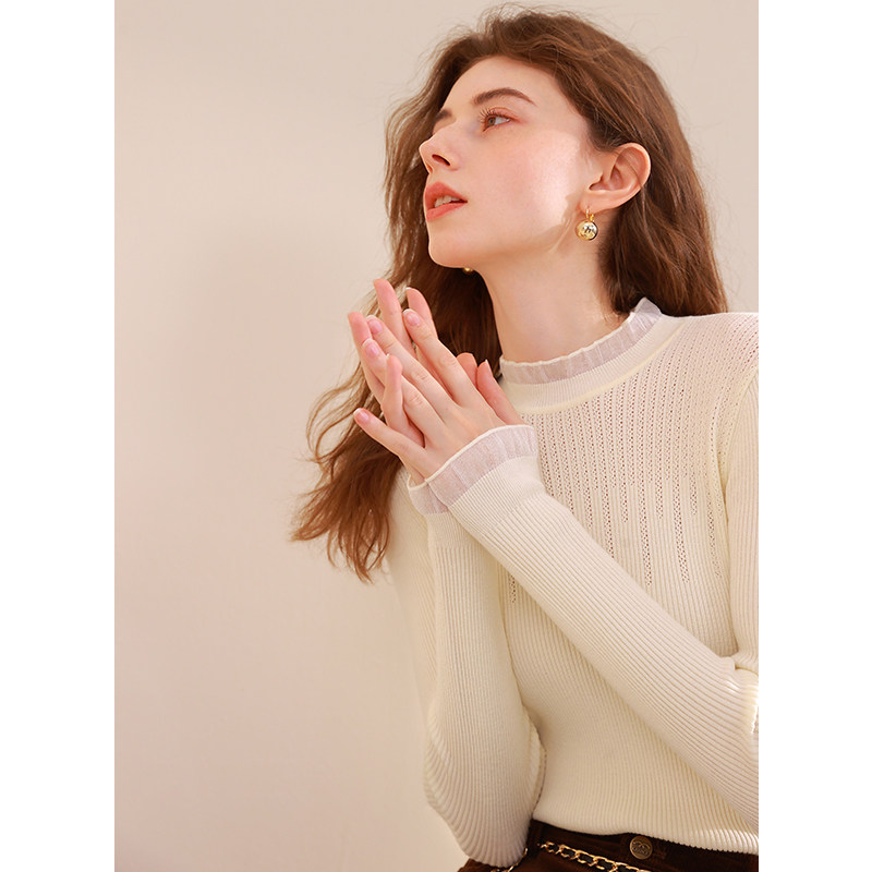 三彩2023冬季新款纯色针织衫玻璃纱拼接毛衫内搭打底衫修身女