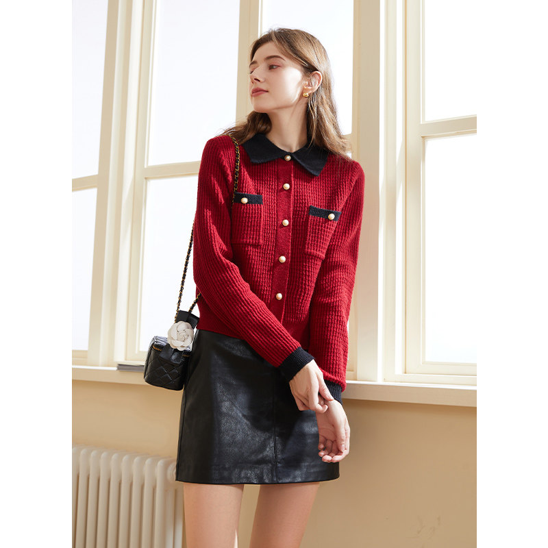 三彩2023冬季新款香风肌理针织衫POLO领撞色短款上衣优雅复古女