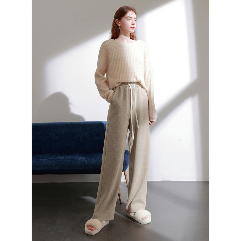 三彩2023冬季新款加绒保暖休闲长裤高腰松紧直筒裤宽松简约女