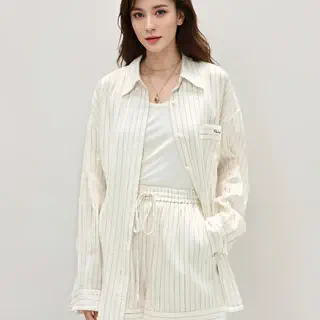 条纹亚麻衬衫短裤套装