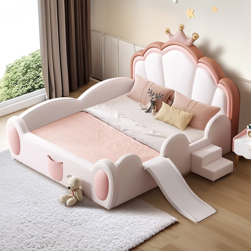 儿童床女孩公主床网红单人床女童床皇冠带围栏床粉色带护栏实木床