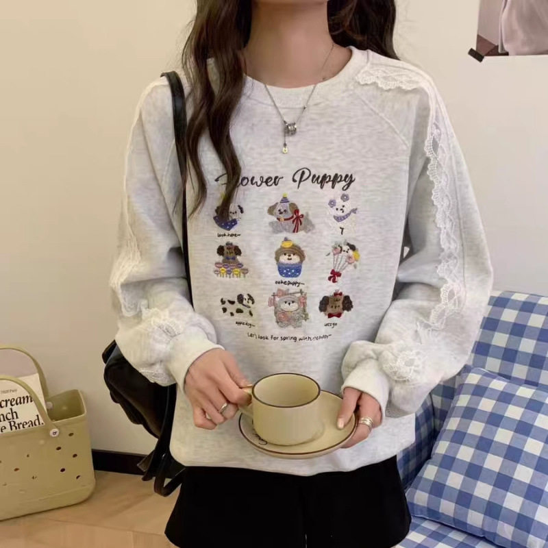 韩系慵懒风小狗刺绣圆领卫衣女秋季2025新款蕾丝花边灰色无帽上衣
