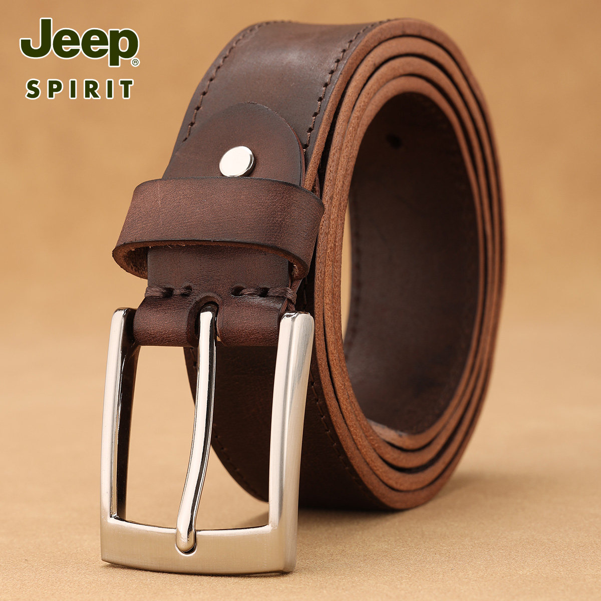 JEEP吉普头层纯牛皮皮带男手工复古做旧针扣工装裤真皮银扣裤腰带