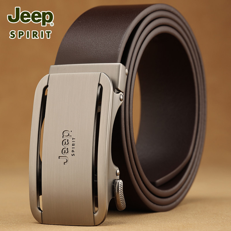 JEEP SPIRIT男士新款自动扣腰带哑光拉丝镂空真牛皮光面真皮皮带