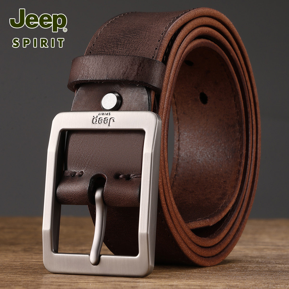 jeep吉普皮带男款真皮复古休闲头层牛皮腰带男咖色百搭真皮裤腰带