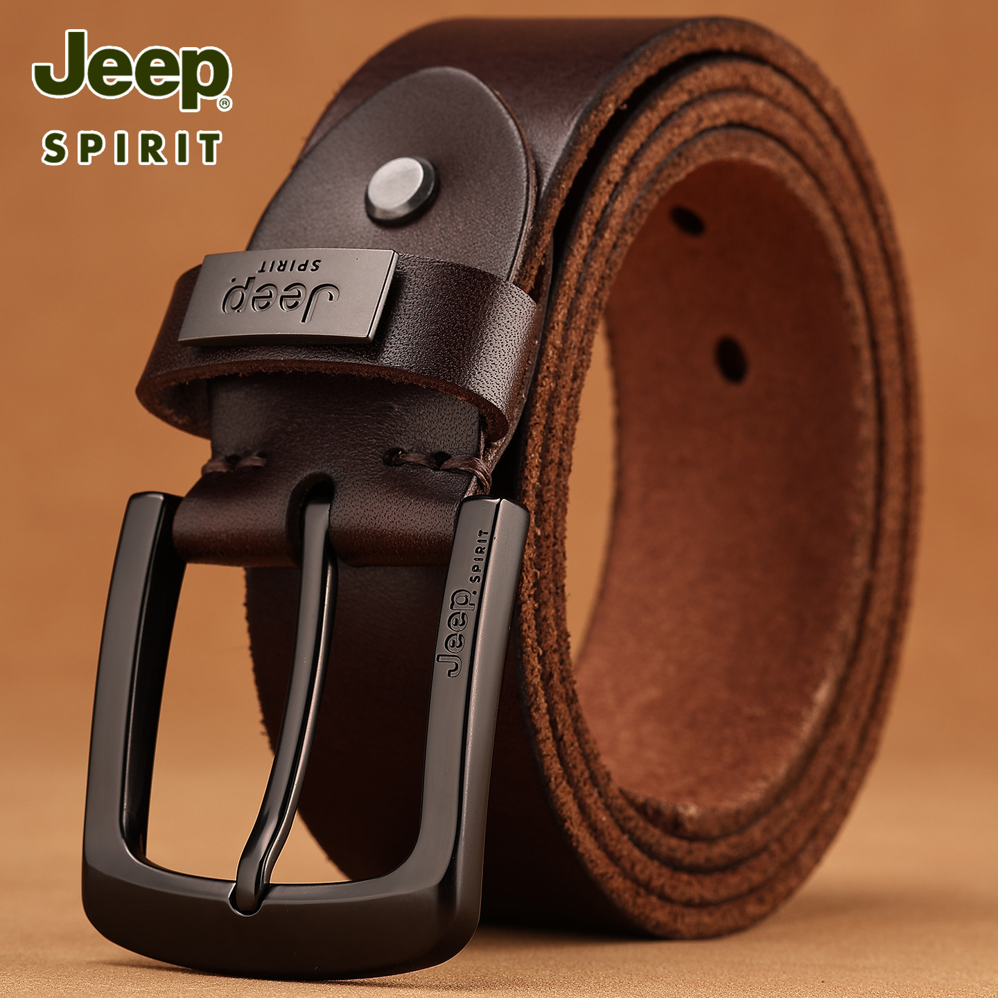 【头层牛皮】Jeep吉普男士真皮腰带复古风针扣纯牛皮高档皮带男款