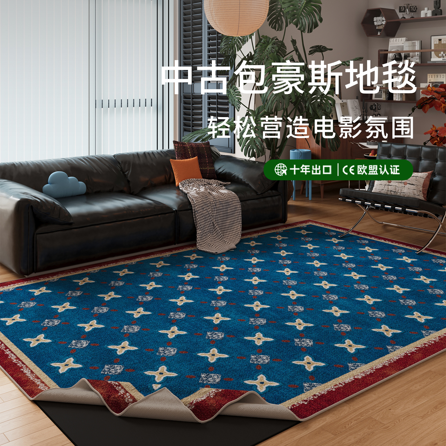 蓝色可拆洗客厅地毯久洗不缩水