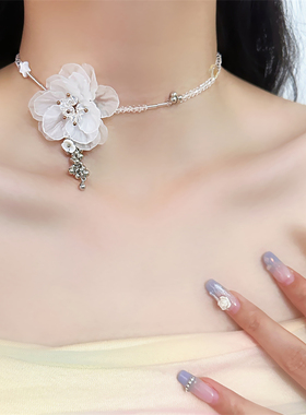 白色花朵水晶项链女颈链