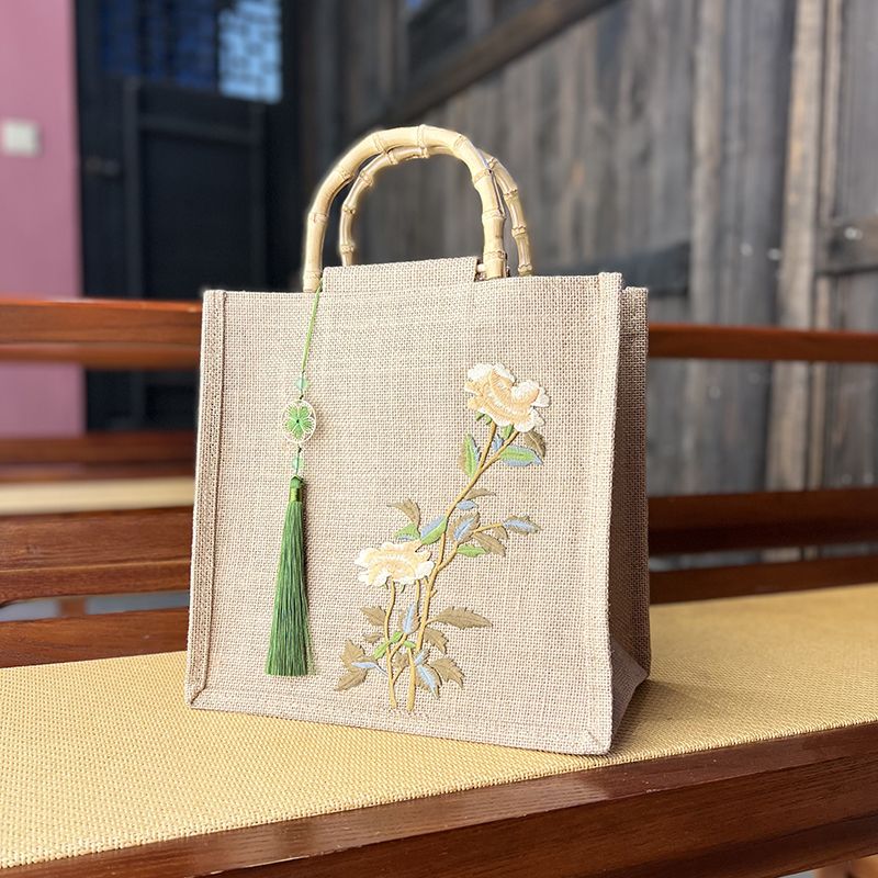 文艺竹把麻布手提包敞口